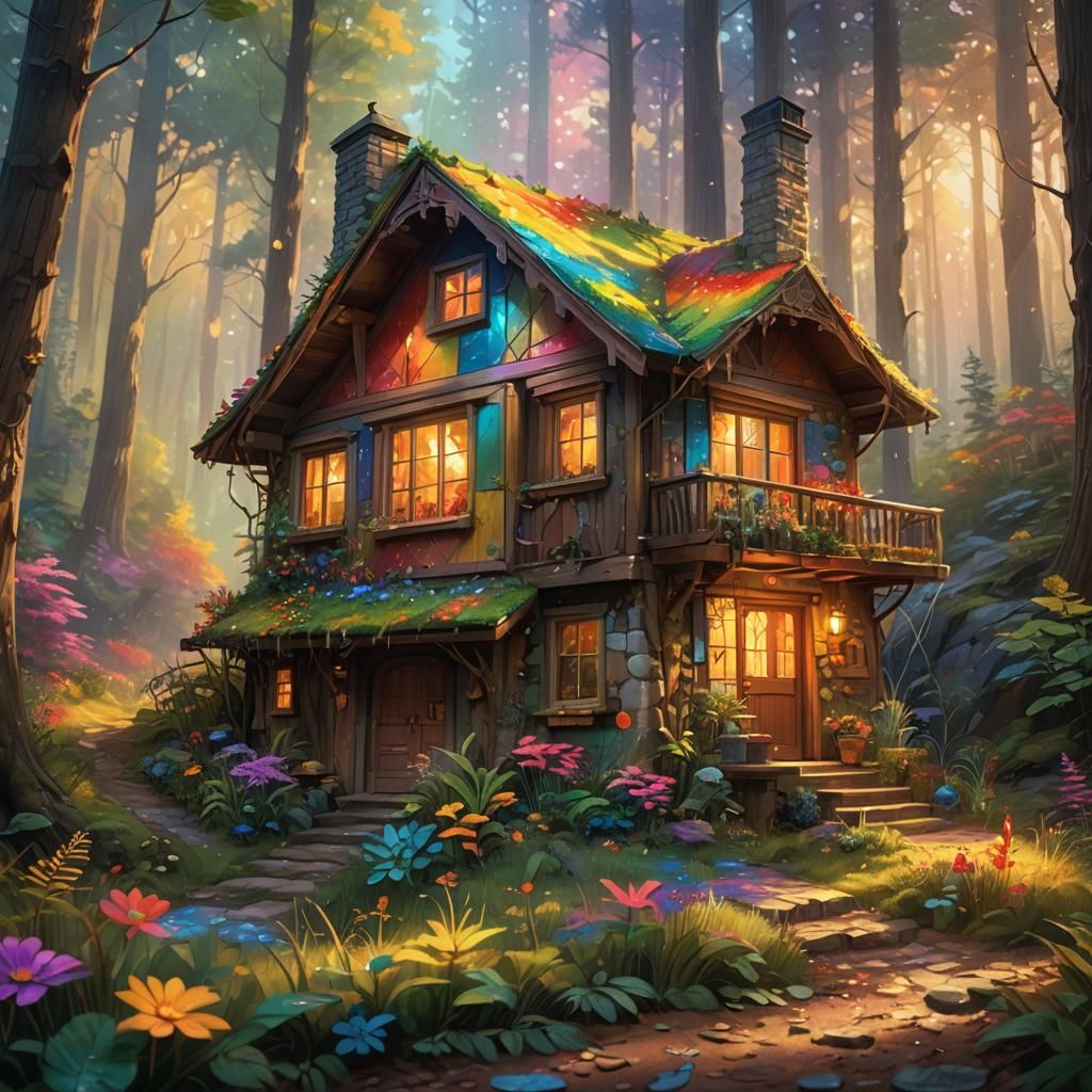 Rainbow House in Forest: Hyperrealistic Concept Art