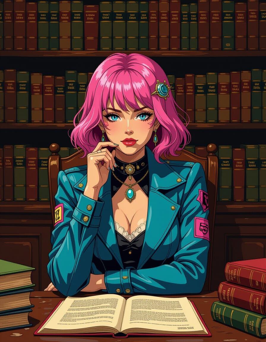 Cyberpunk Girl in Old Library, Inspired by Syd Mead