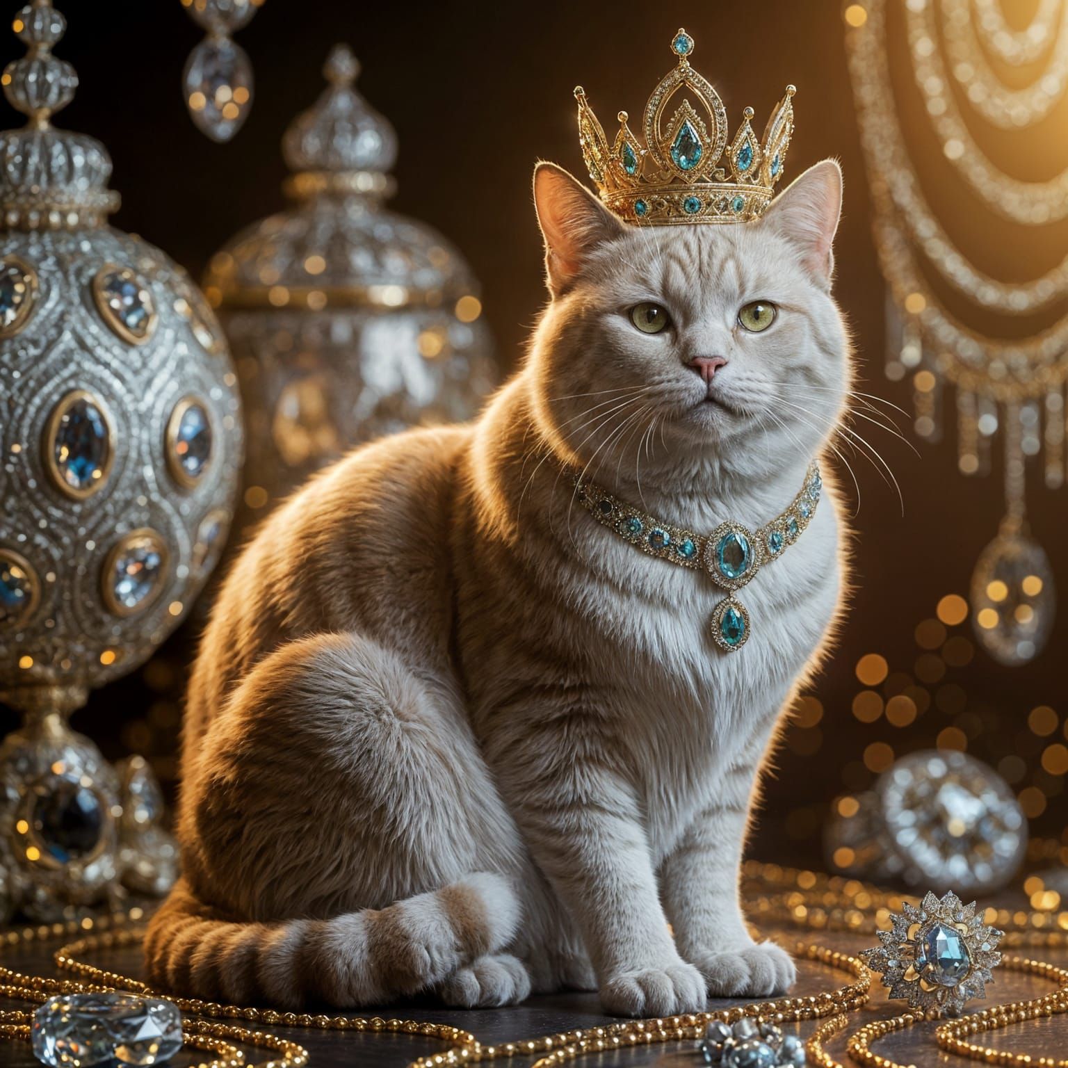 Majestic Burmese Cat Adorned with Diamond-Studded Crown in O...