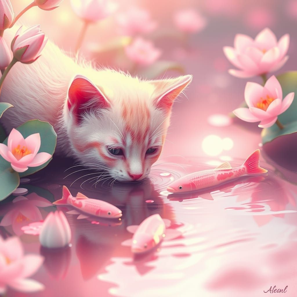 Pink Kitten in a Pink Stream, Digital Art