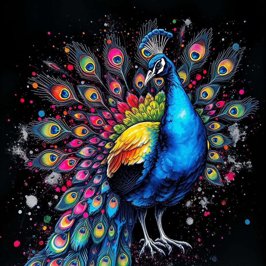 Iridescent Peacock with Watercolor Ink Splatter