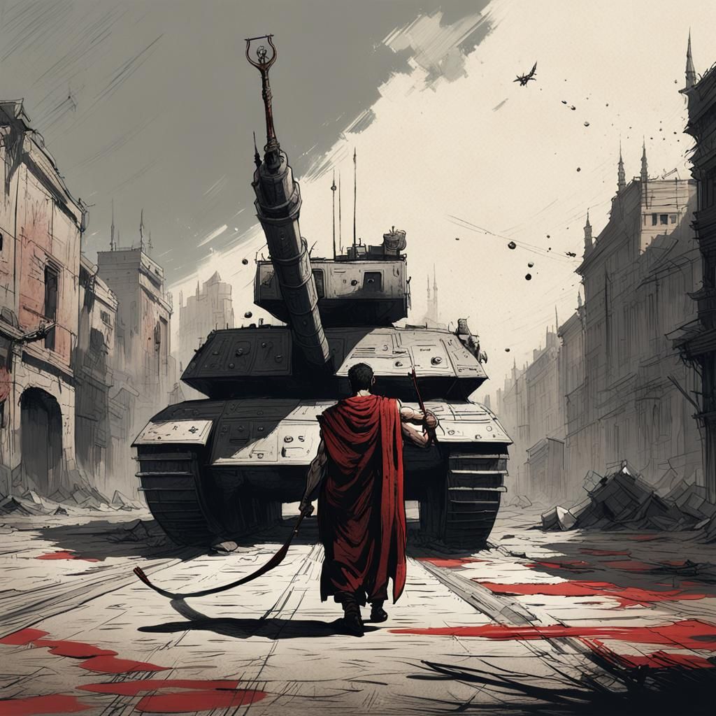 Dystopian Medieval Battle: Man vs. Tank Etching