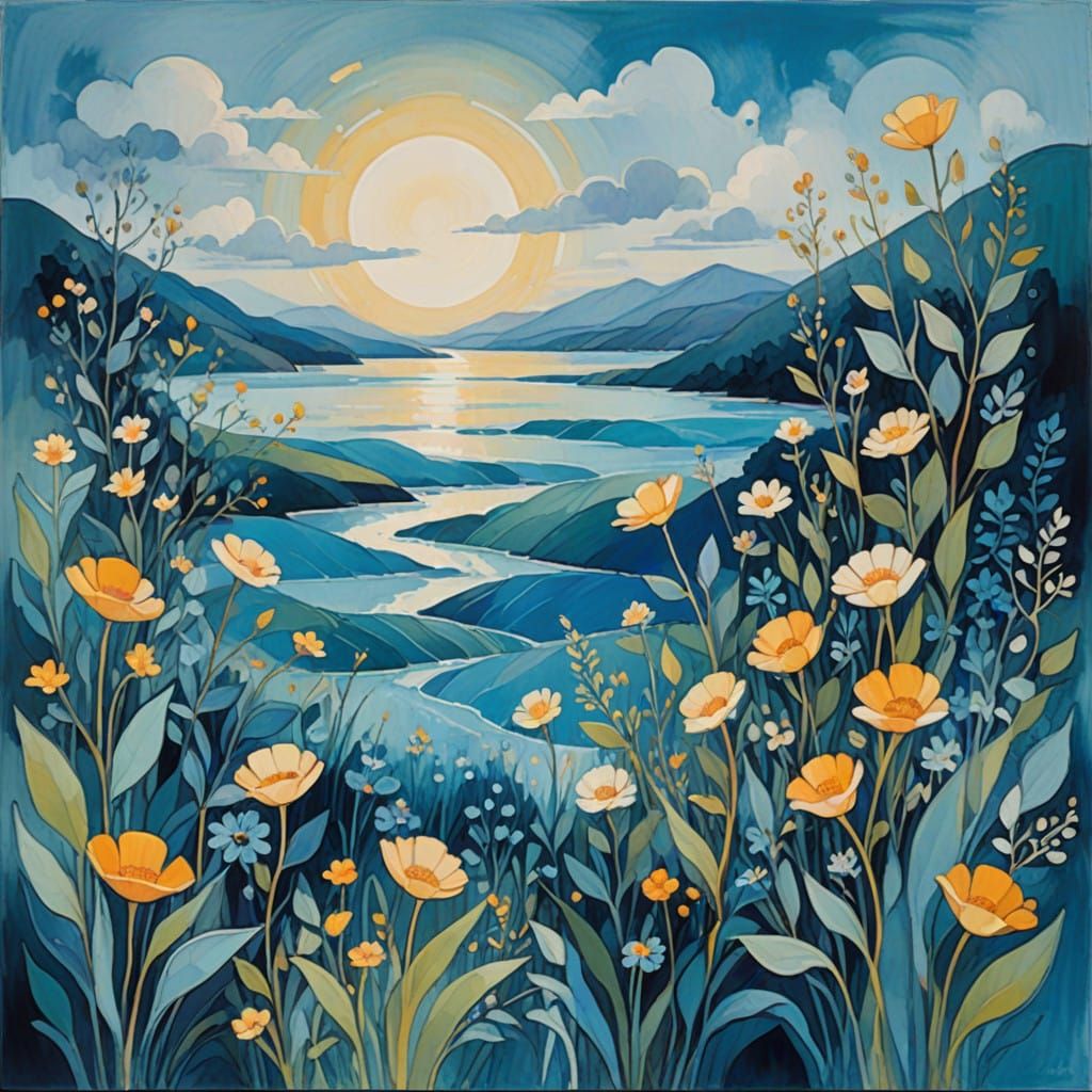 Vibrant Blue Geometric Art in Whimsical Style