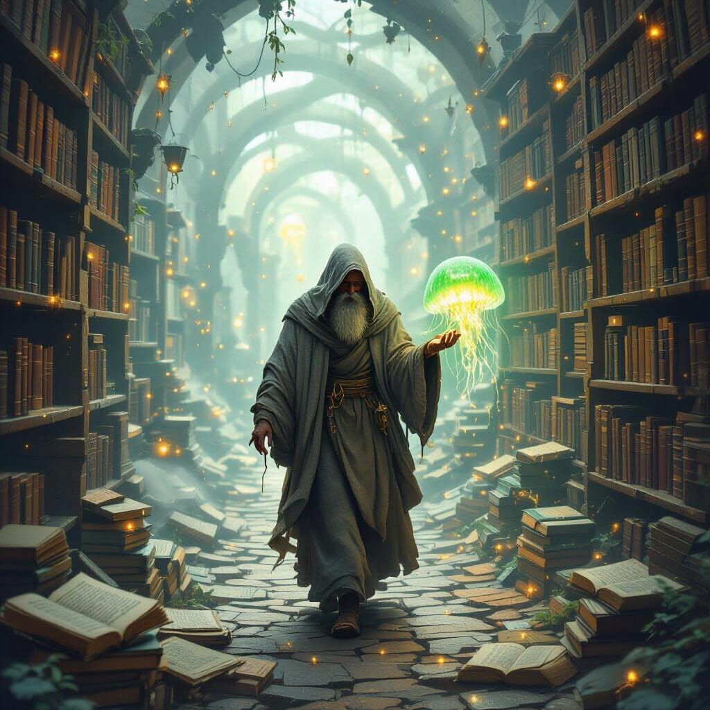 Hermit in Book Maze Guided by Jade Jellyfish