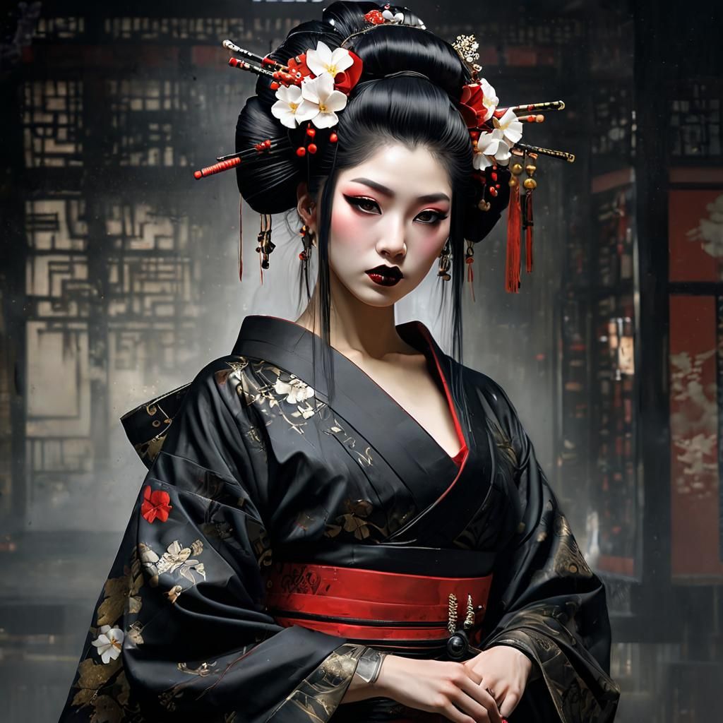 Gothic Punk Geisha in Black Tulle, Detailed Fabric Art