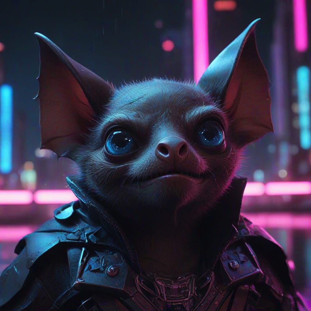 Baby Bat on Crescent Moon in Cyberpunk Style
