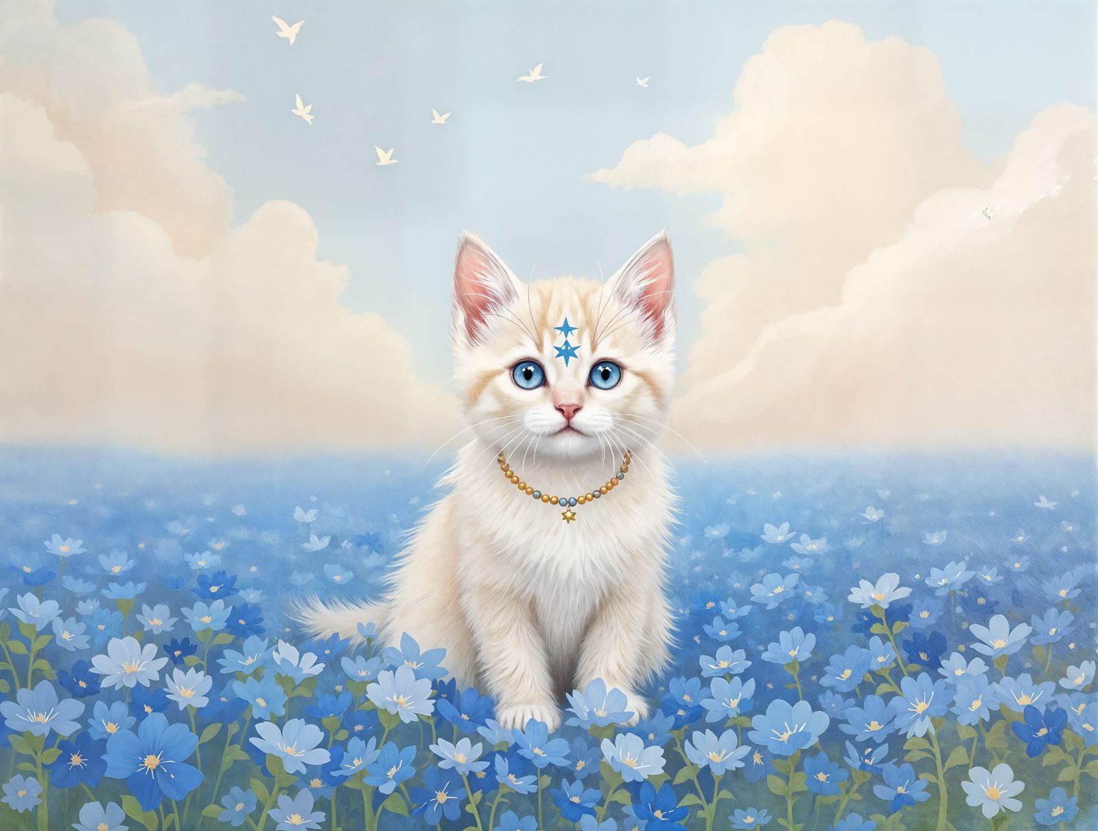 Whimsical Starlight Kitten in a Floral Wonderland