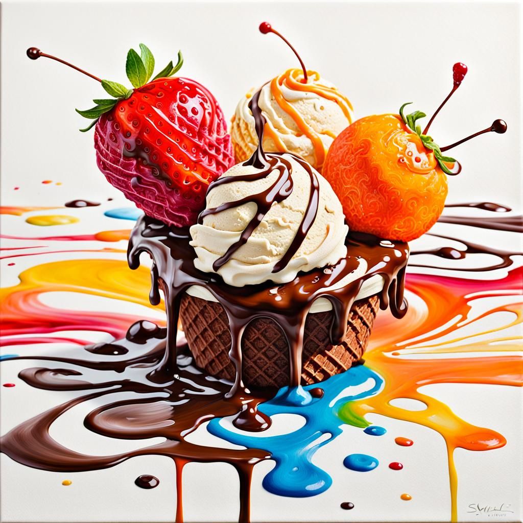 Colorful Ice Cream with Cherry in Oil Painting Style