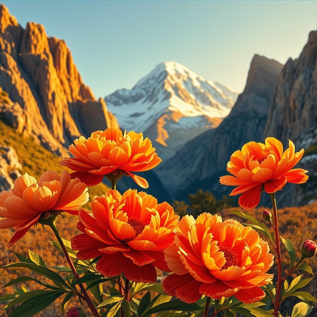 Peonies Bloom in Autumn Mountain Landscape