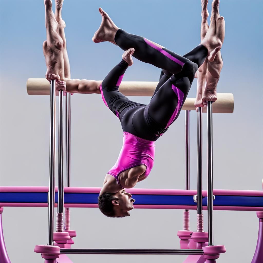 acrobat doing a handstand on gymnastic equipment, intricate detail, high quality, hyperrealism, perfect composition, bla...