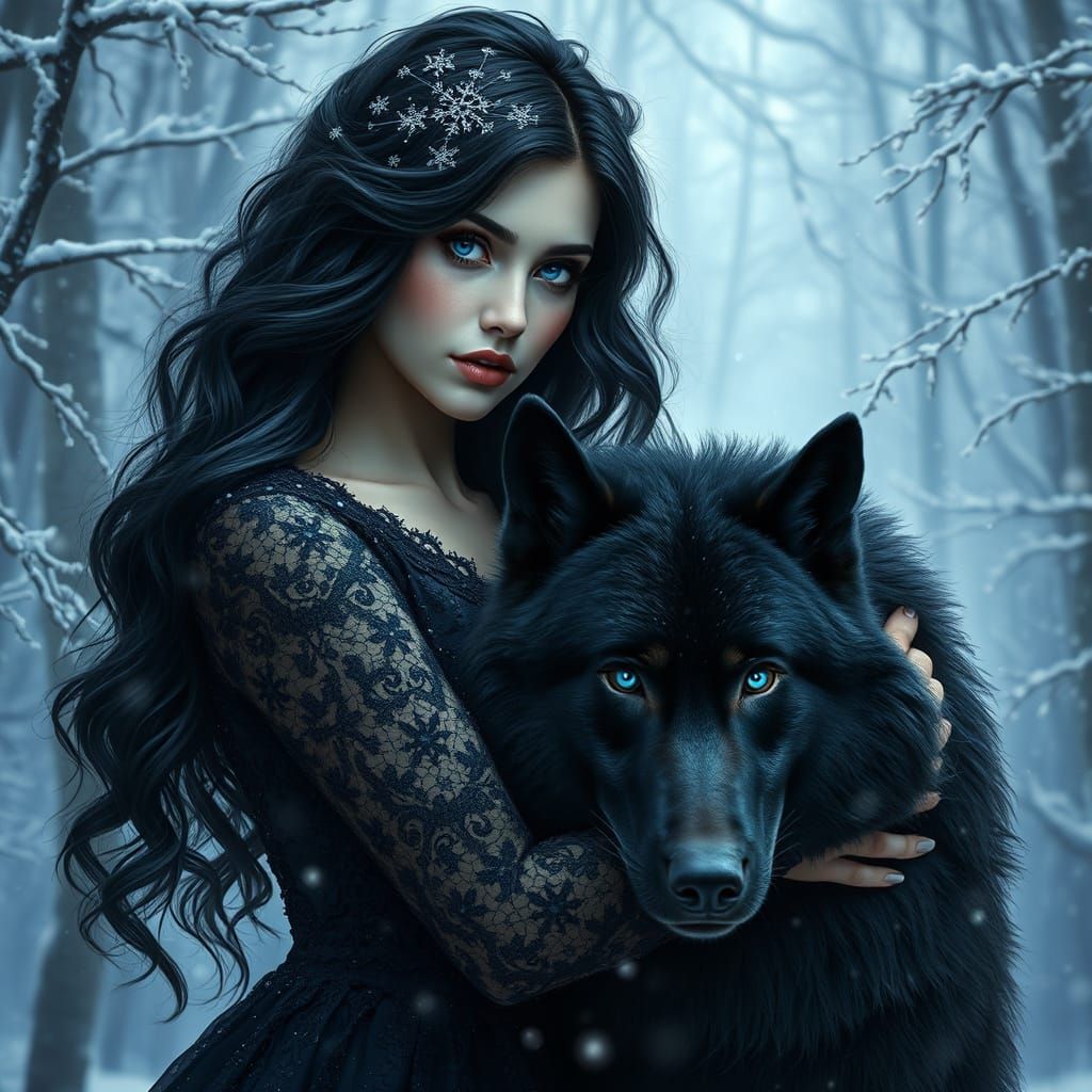 Mysterious Woman and Black Wolf in Snowy Forest, Dark Fantas...