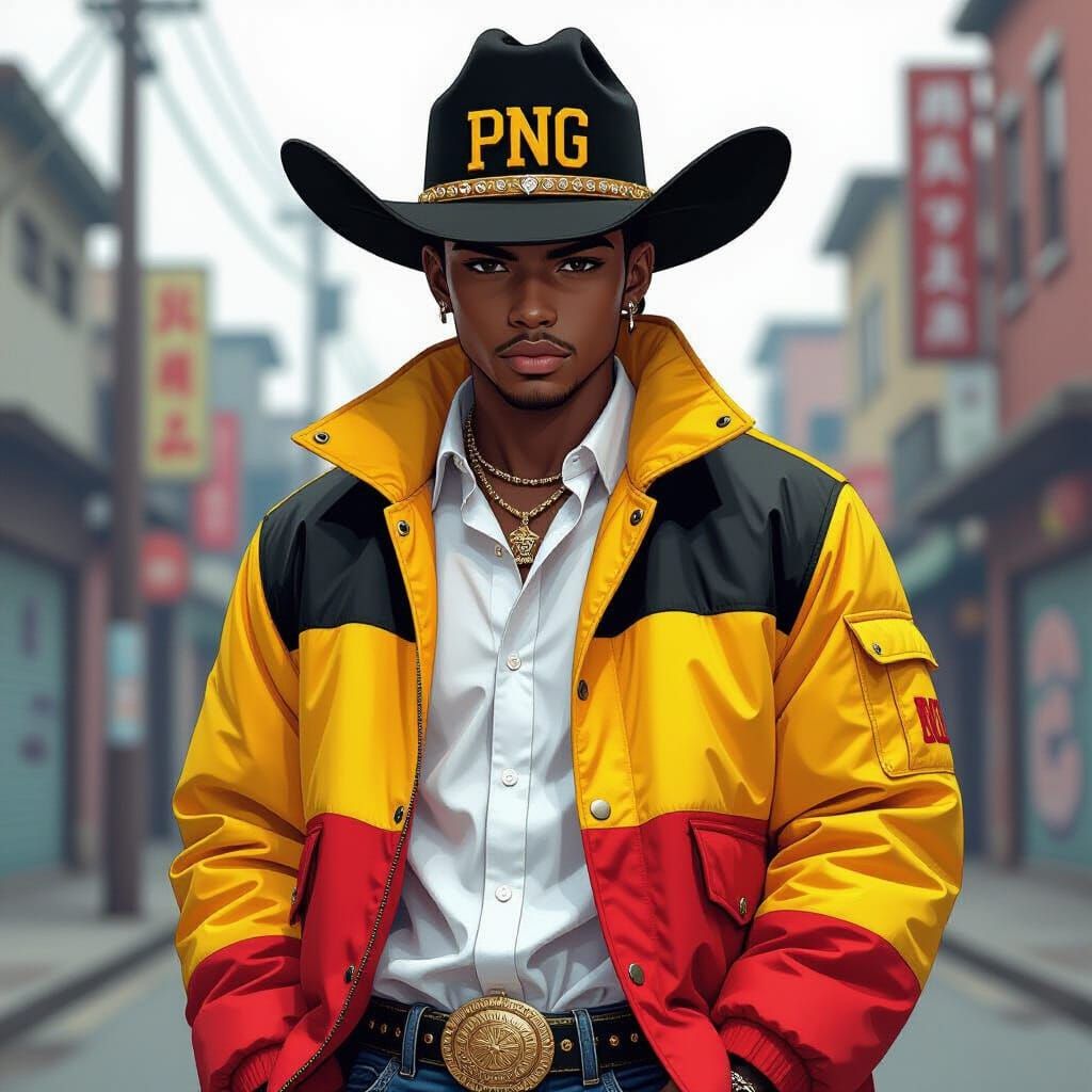 Anime-Inspired Young Rapper in Vibrant Urban Setting