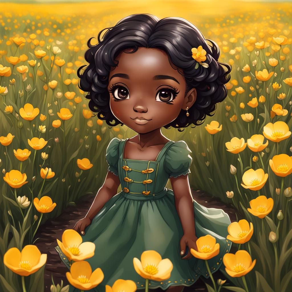 Chibi Girl in Buttercup Field