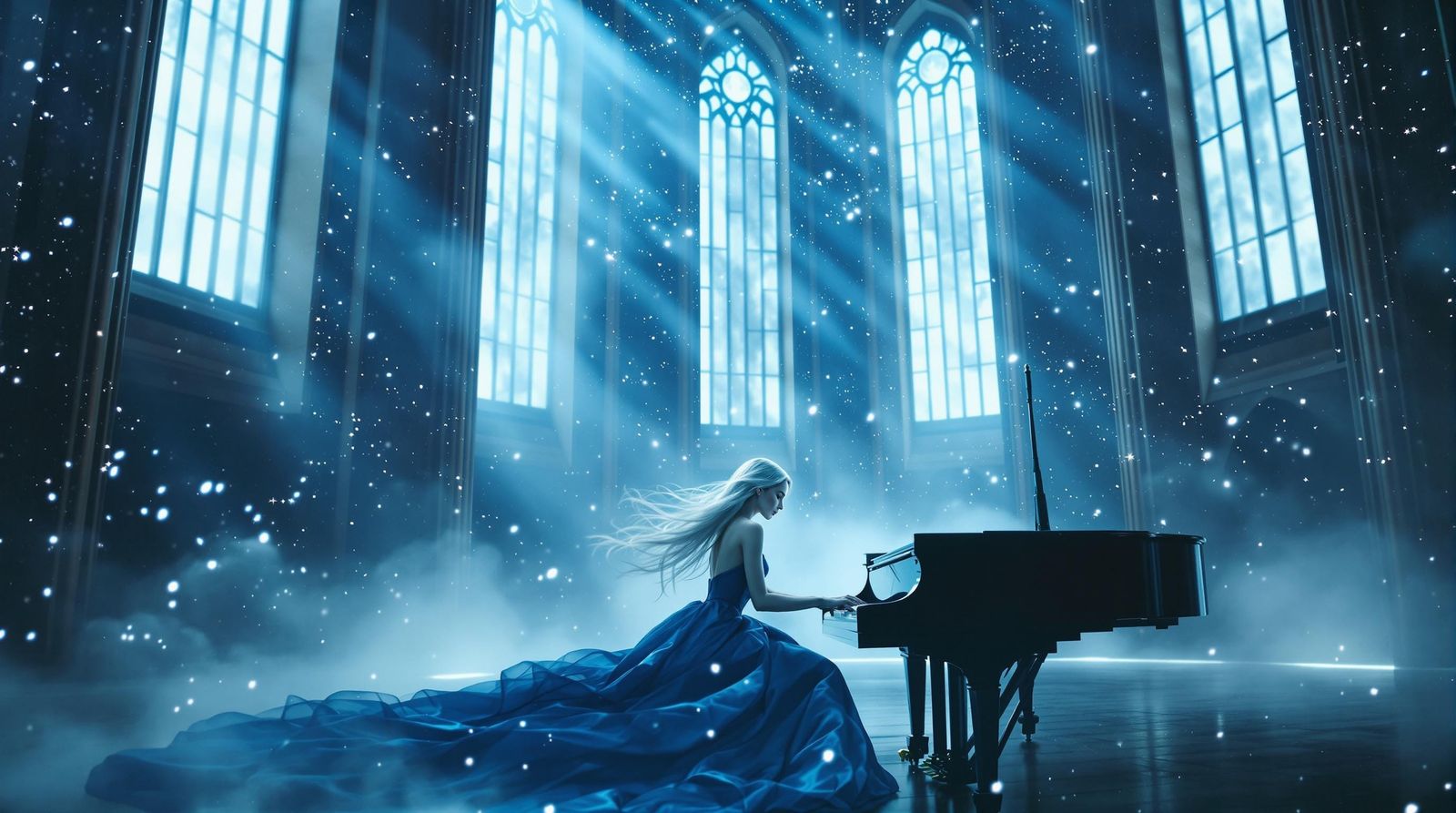 Silver Haired Woman Plays Piano in Moonlight