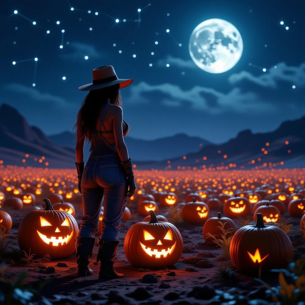 Eerie Martian Pumpkin Patch Under Full Moon