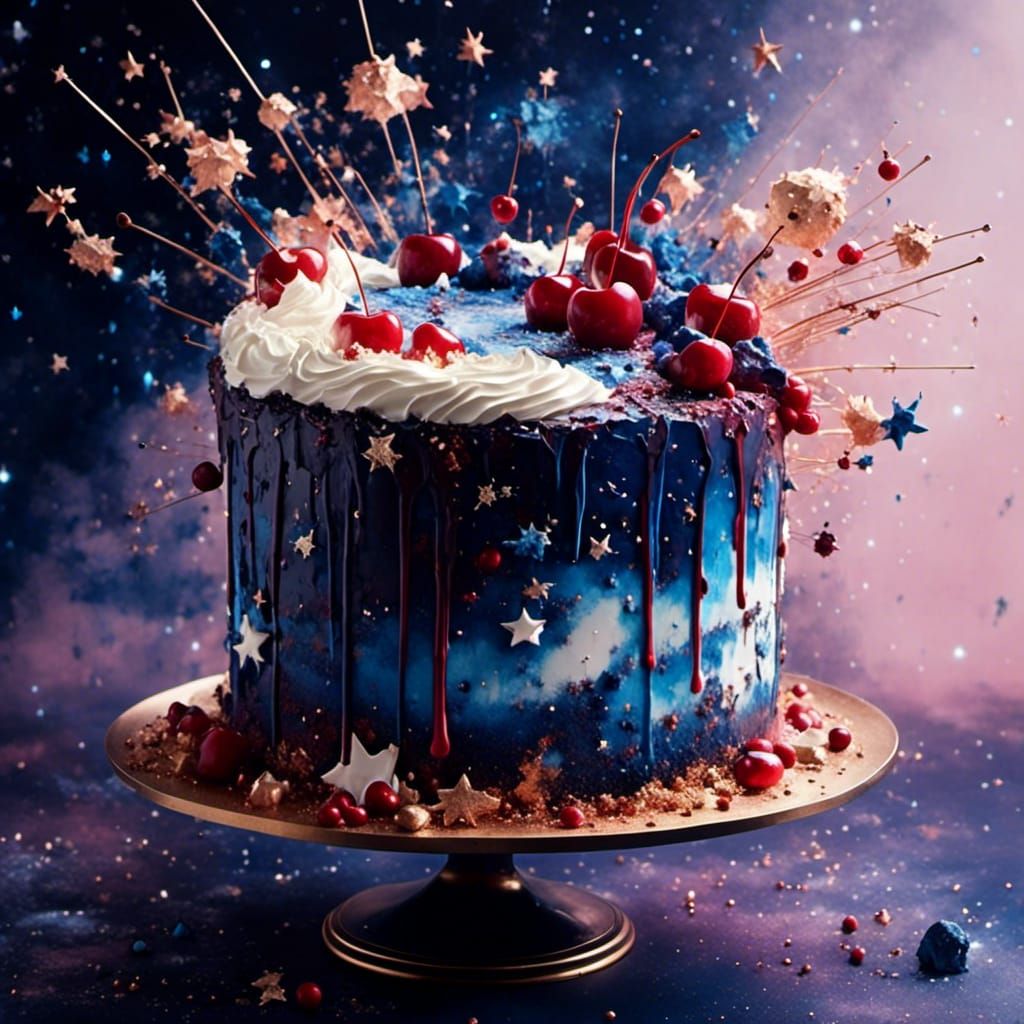 Intricate Cherry Cake with Constellation Background