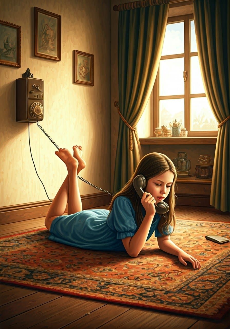 Nostalgic Girl on the Phone in a Cozy Room