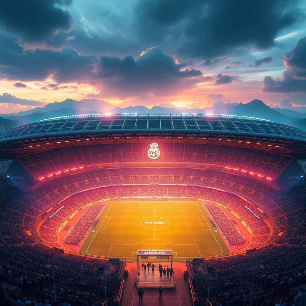 Surreal Stadium in Golden Light: A Majestic Real Madrid Fant...