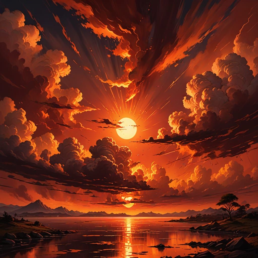 Fire Red Sun in Red Sky as Oil Painting