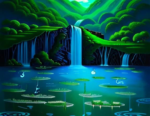 Musical Water Wonderland in Green and Blue-Green