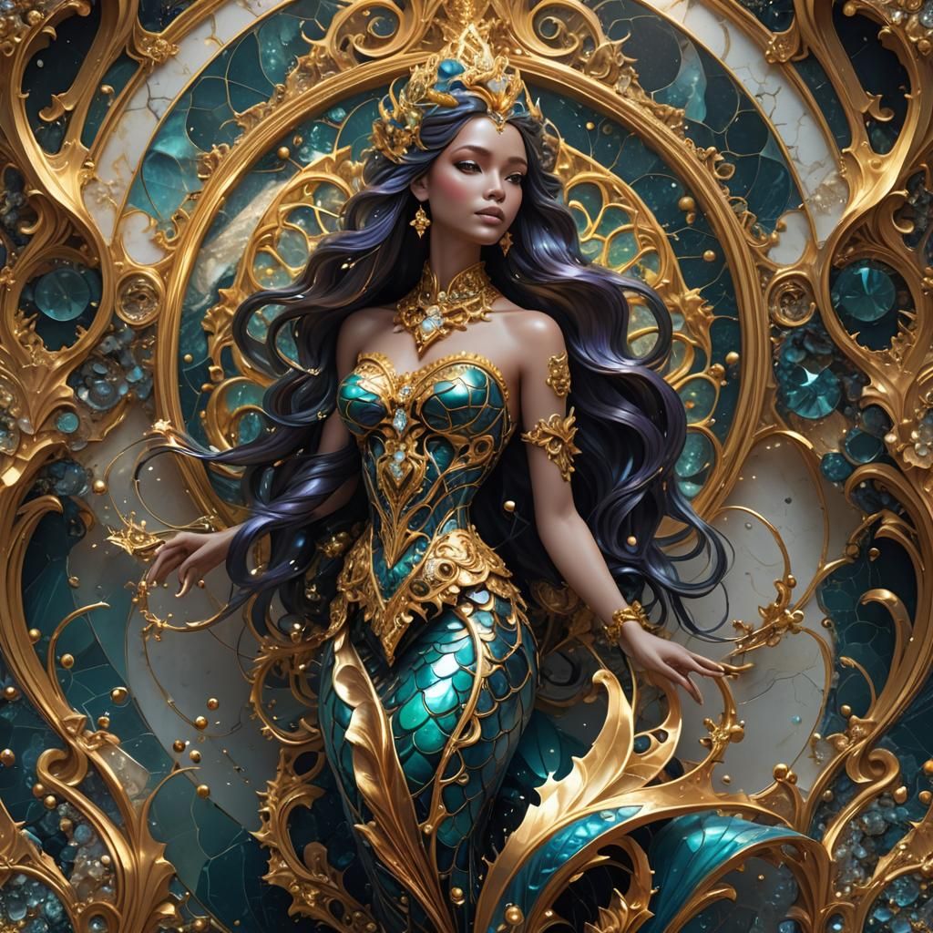 Ornate Diamond Mermaid with Liquid Gold