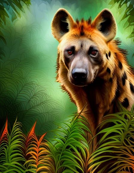 Hyena Camouflaged in Rainy African Jungle