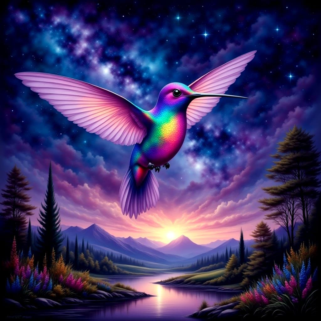 Iridescent Hummingbird Over Dreamlike Night Sky
