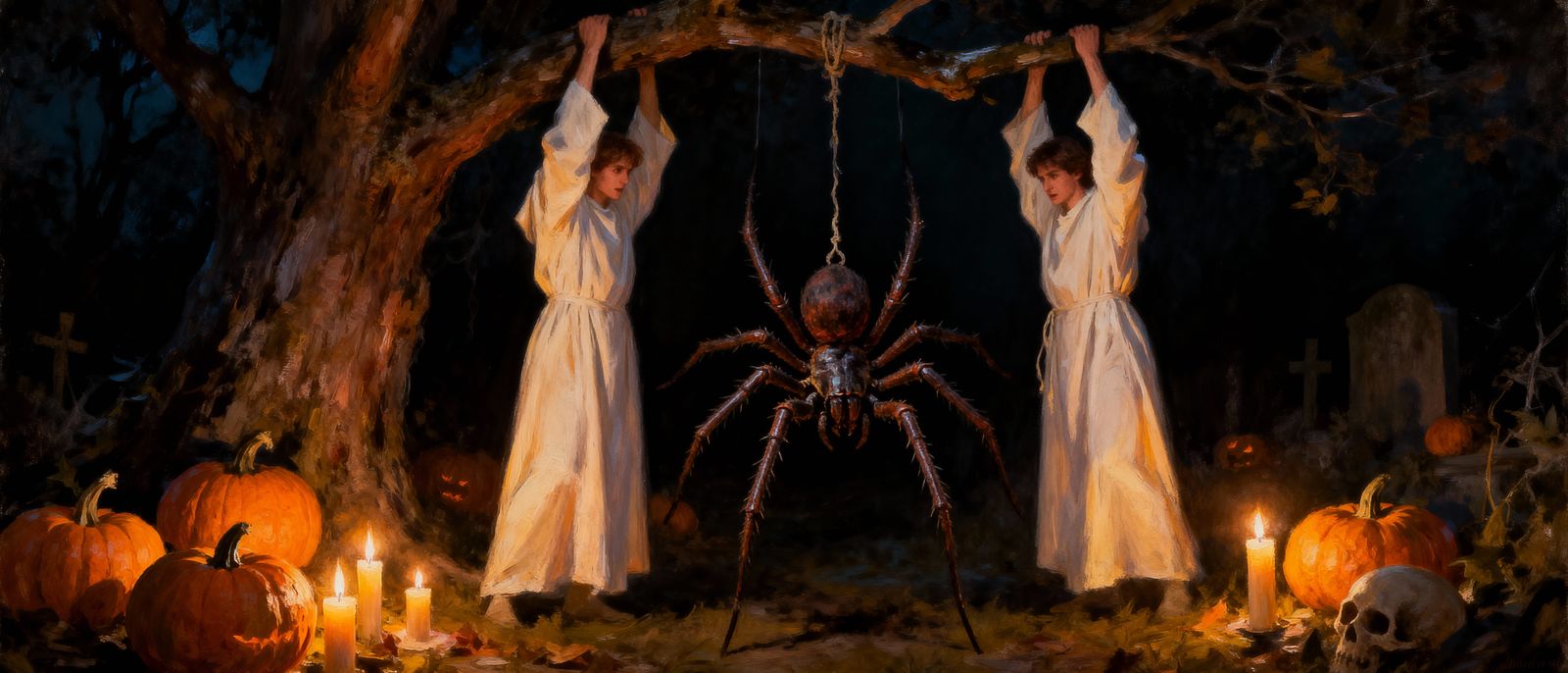 Intense Oil Painting of Humans Hanging Spider