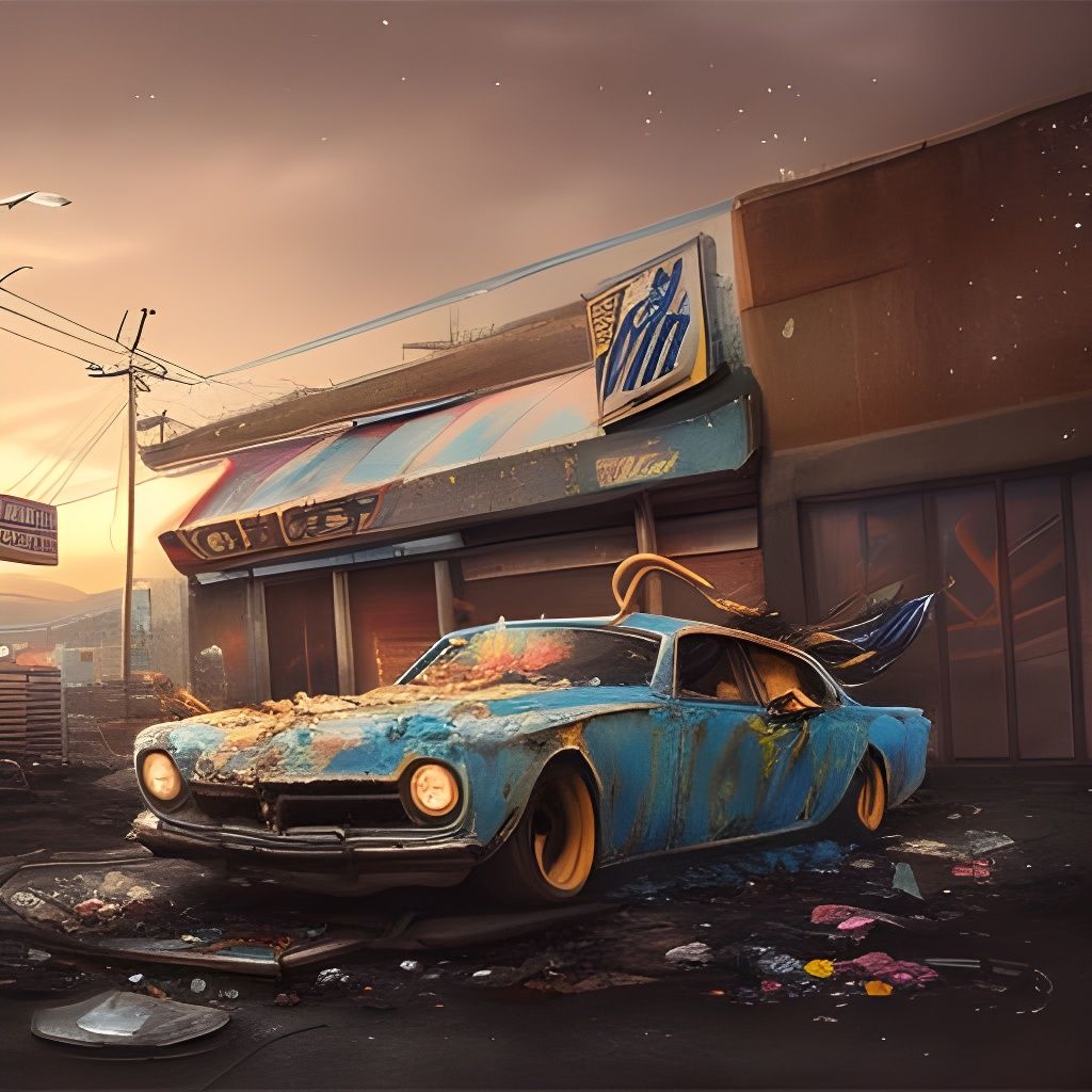 Trashed Gas Station in Kawaiicore Pastel Style