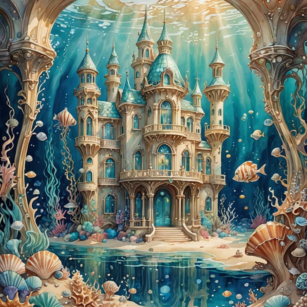 Ethereal Underwater Palace in Art Nouveau Style