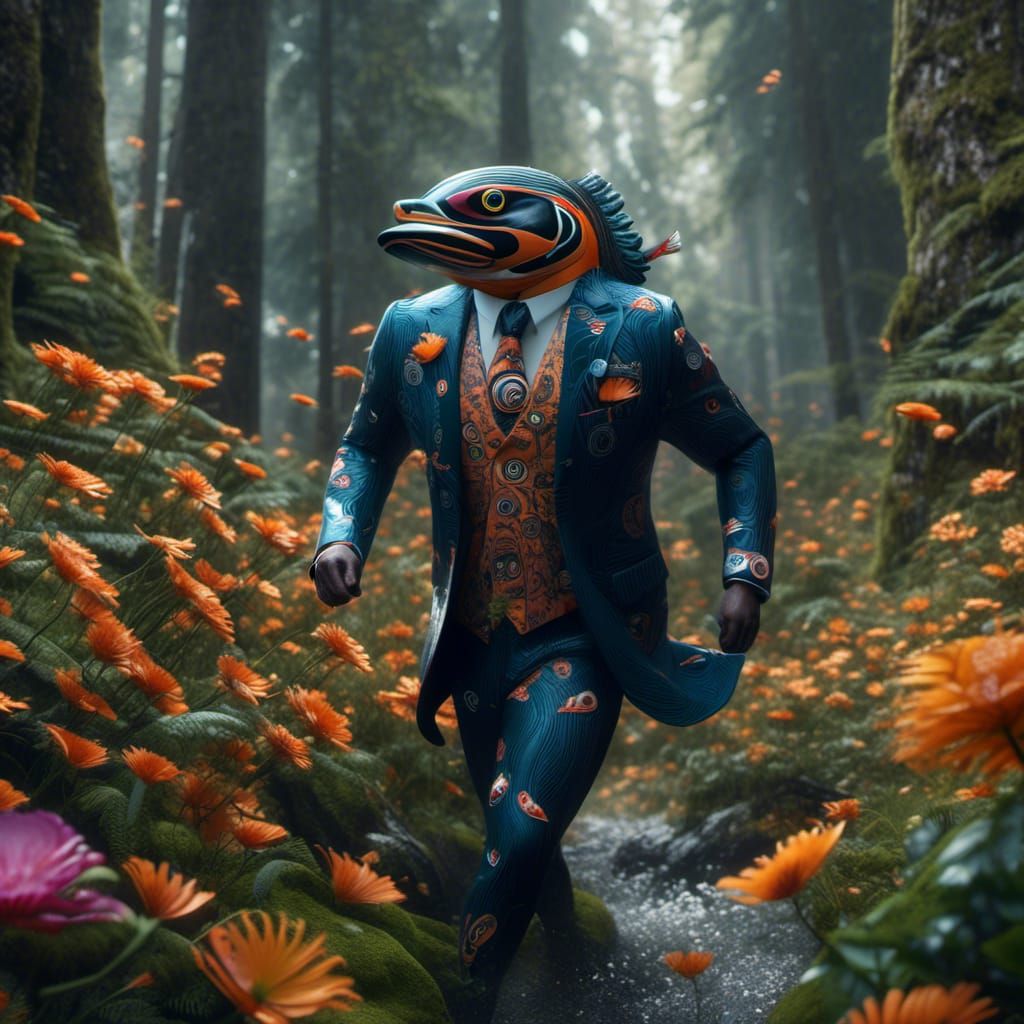 Salmon in Suit Running Through Forest, Digital Art