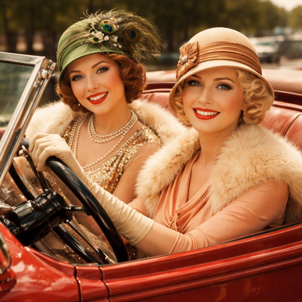 1920s Pinup Girls Driving Vintage Car