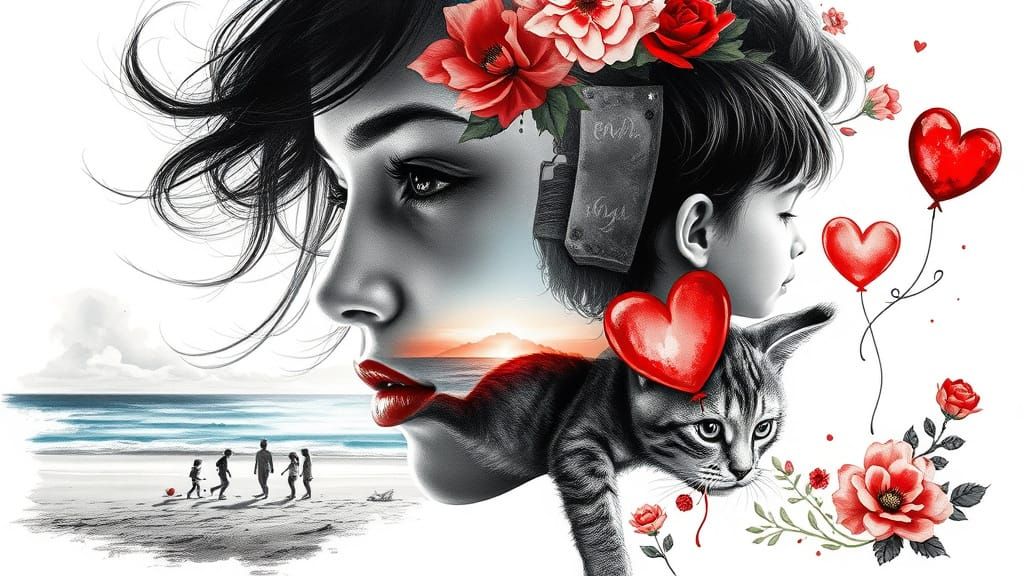 Double Exposure Portrait in Impressionistic Ink Wash Style