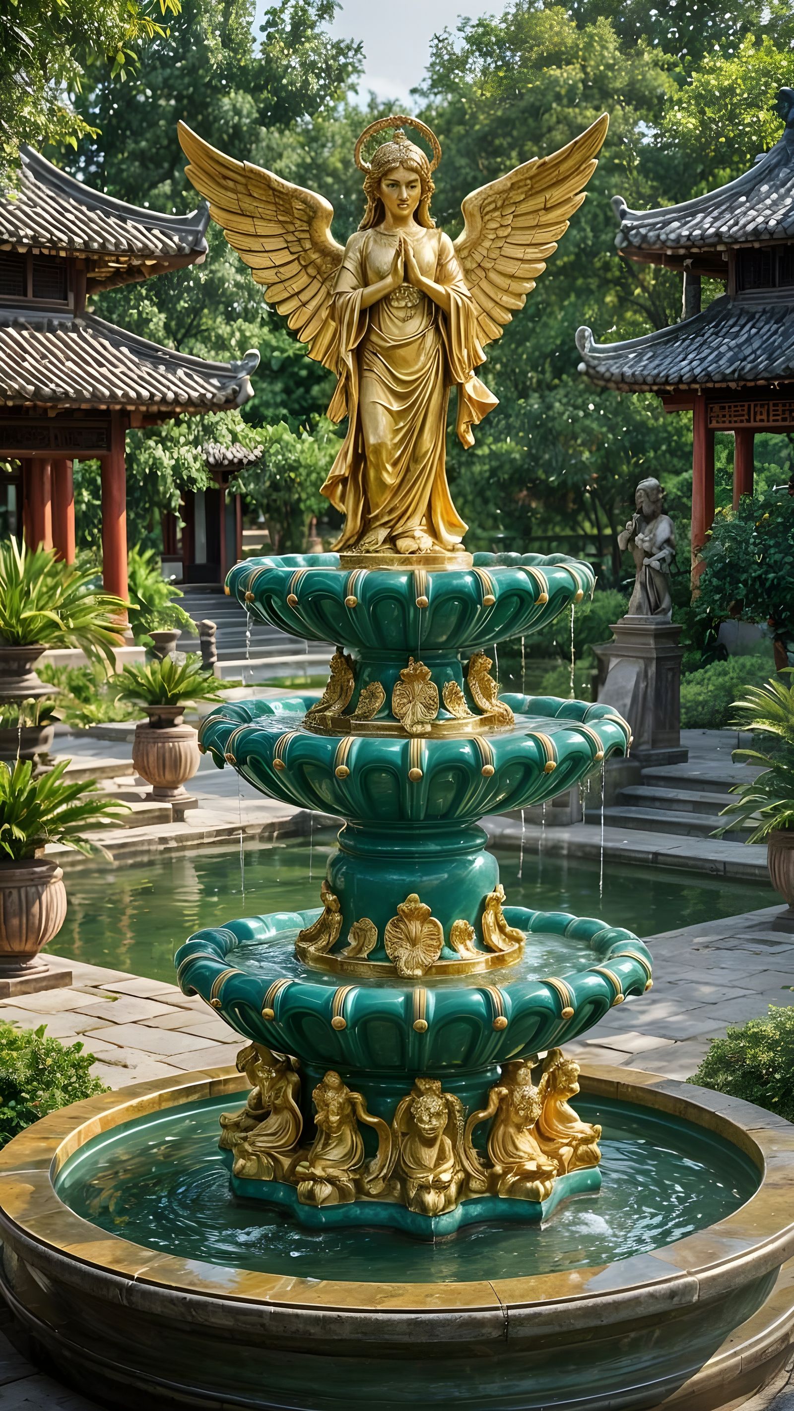 Golden Angel Fountain in Traditional Chinese Garden