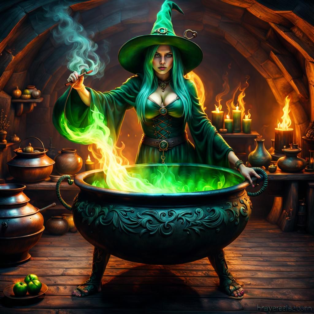 greenhaired witch making potion in large cauldron
