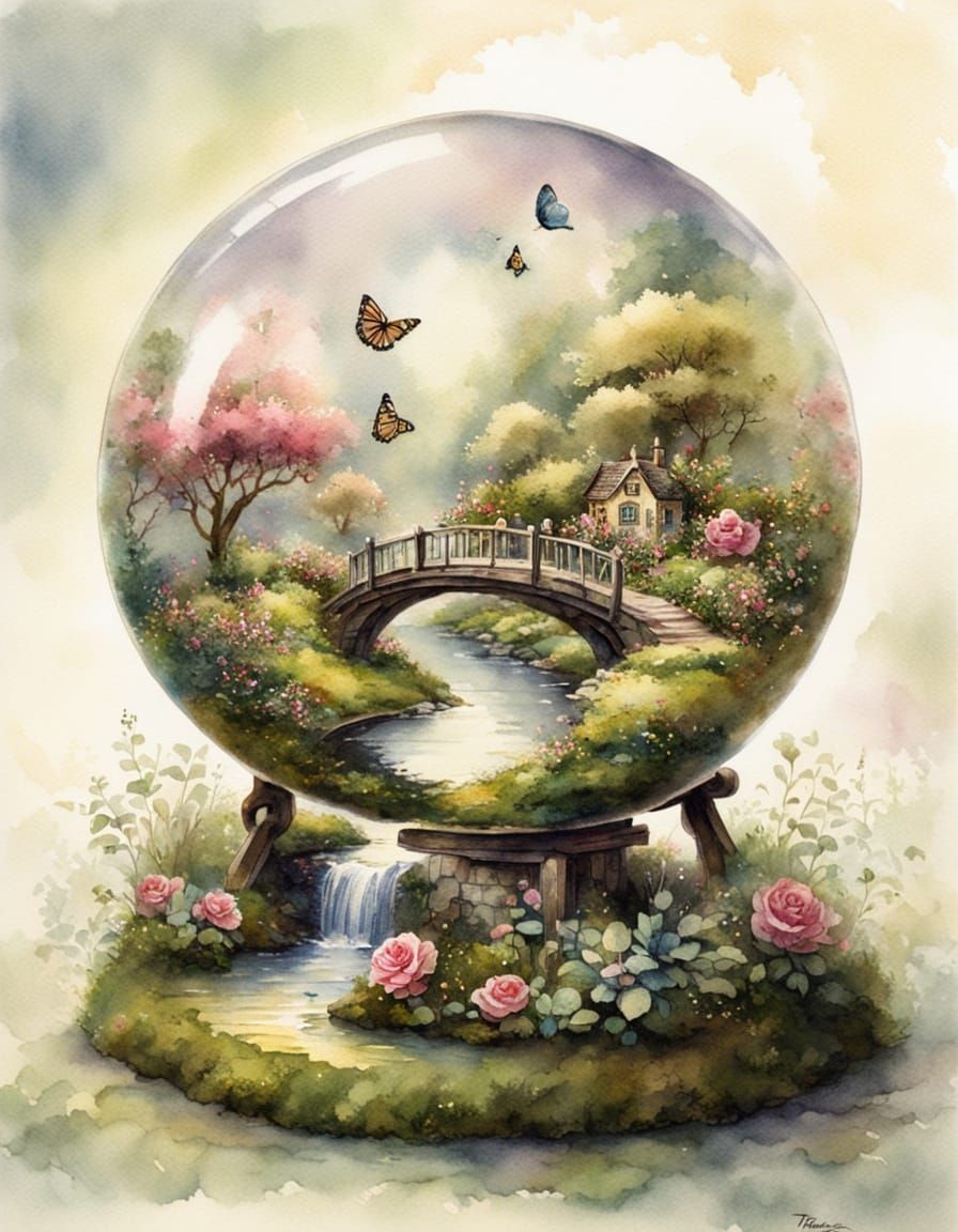 Miniature Garden in Glass Globe, Watercolor Style