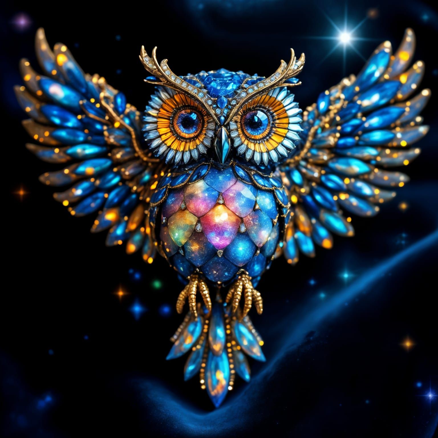 Celestial Owl Brooch in Iridescent Gemstones