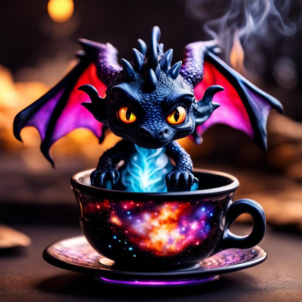 Dark Chibi Demon Dragon in Galaxy Teacup