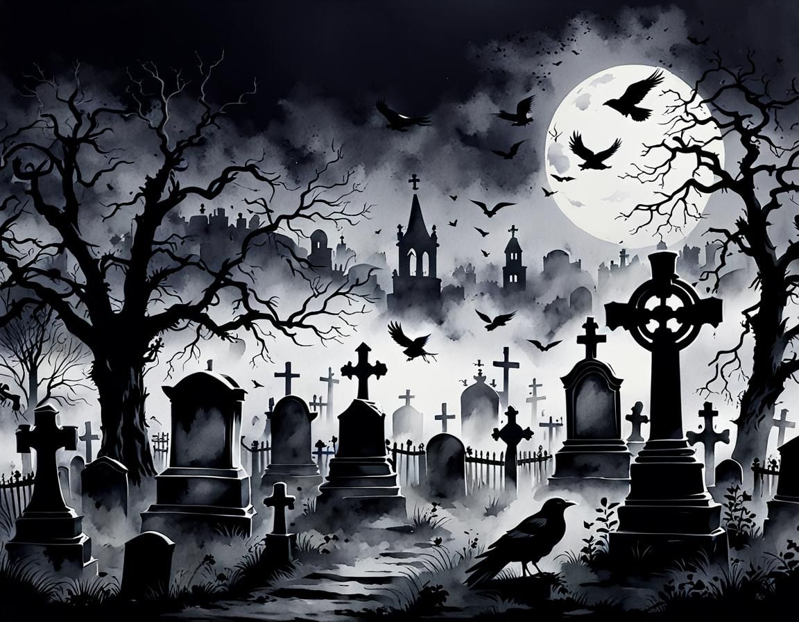 Haunted Graveyard with Crows in Watercolor Banksy Style