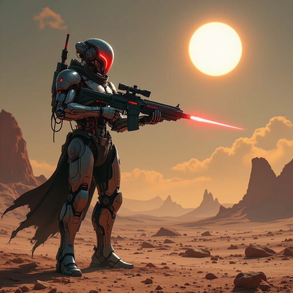 Cyborg Warrior on Alien Planet in Hyperrealistic Concept Art...