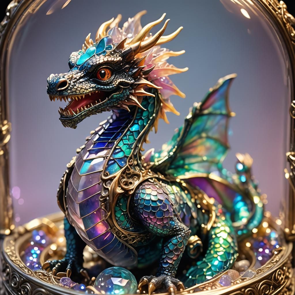 Glowing Jewel Dragon in Glass Box: Digital Art