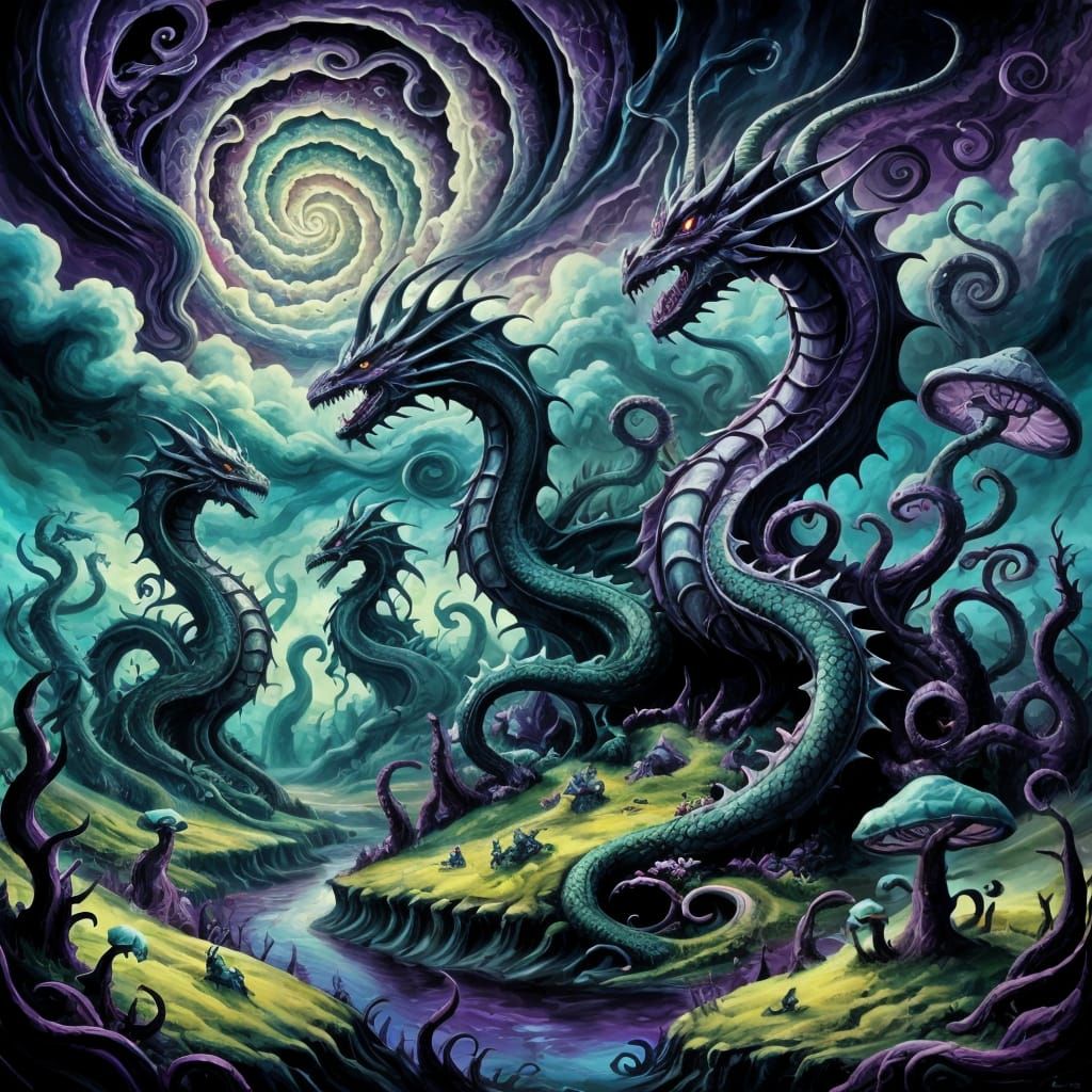 Surreal Dragons in a Dark Fantasy Dreamscape