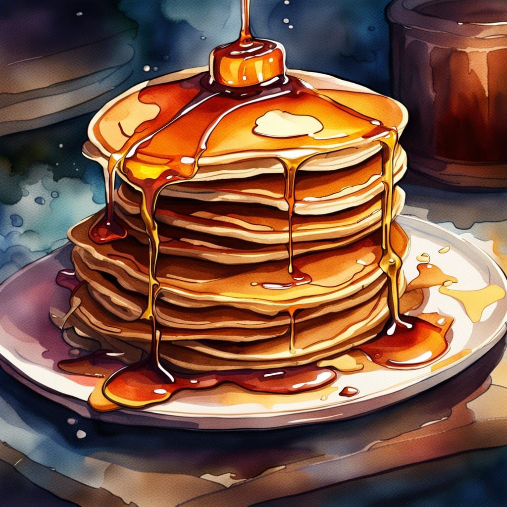 Watercolor Pancakes with Maple Syrup, Detailed Painting