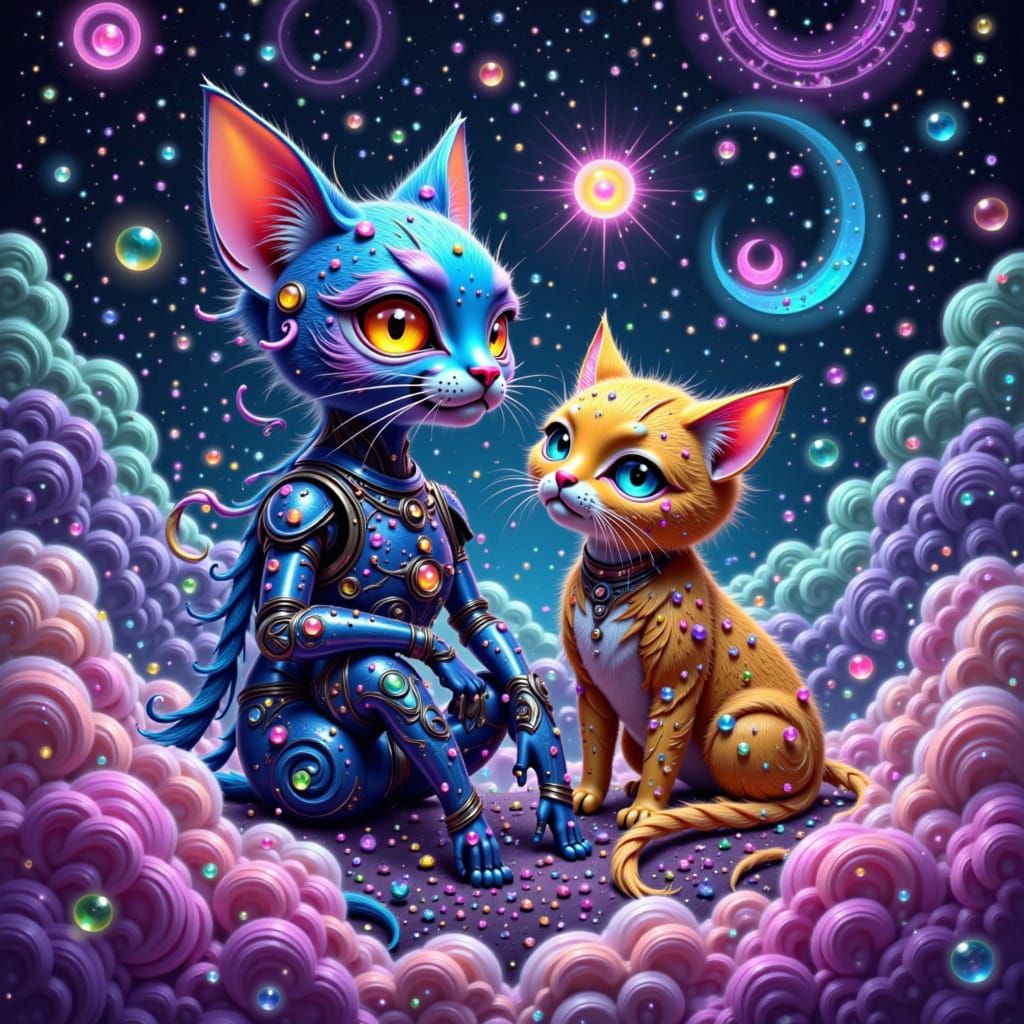 Robot and Kitty in Cosmic Landscape, in Celestialpunk Style