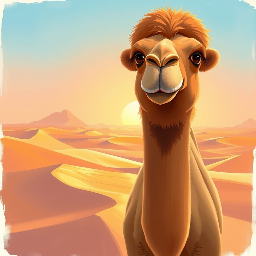 Semi-Realistic Camel in Golden Desert Sunrise Landscape with...