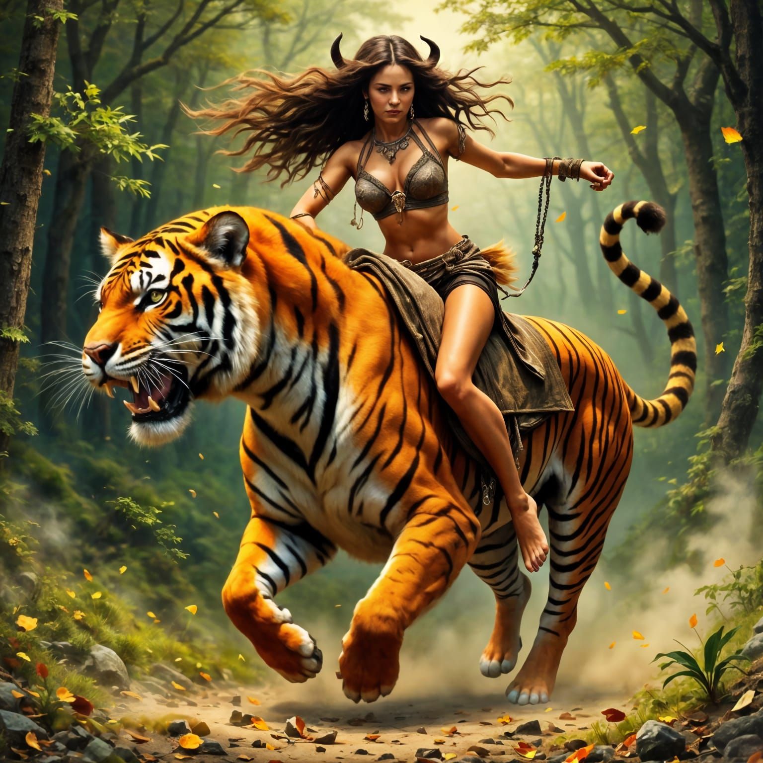 Ethereal Jungle Goddess Rides Sabre-Tooth Tiger in Vibrant A...