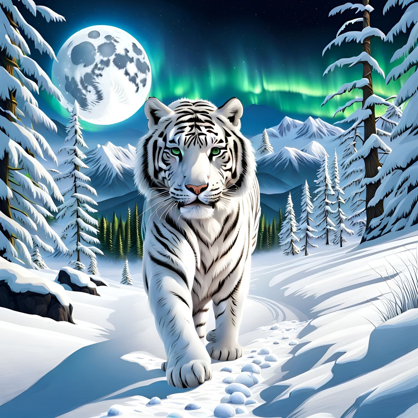 White Tiger in Snowy Forest Under Aurora