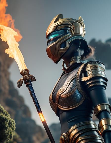 Epic Female Warrior Conquers Serpent in Sci-Fi Battle