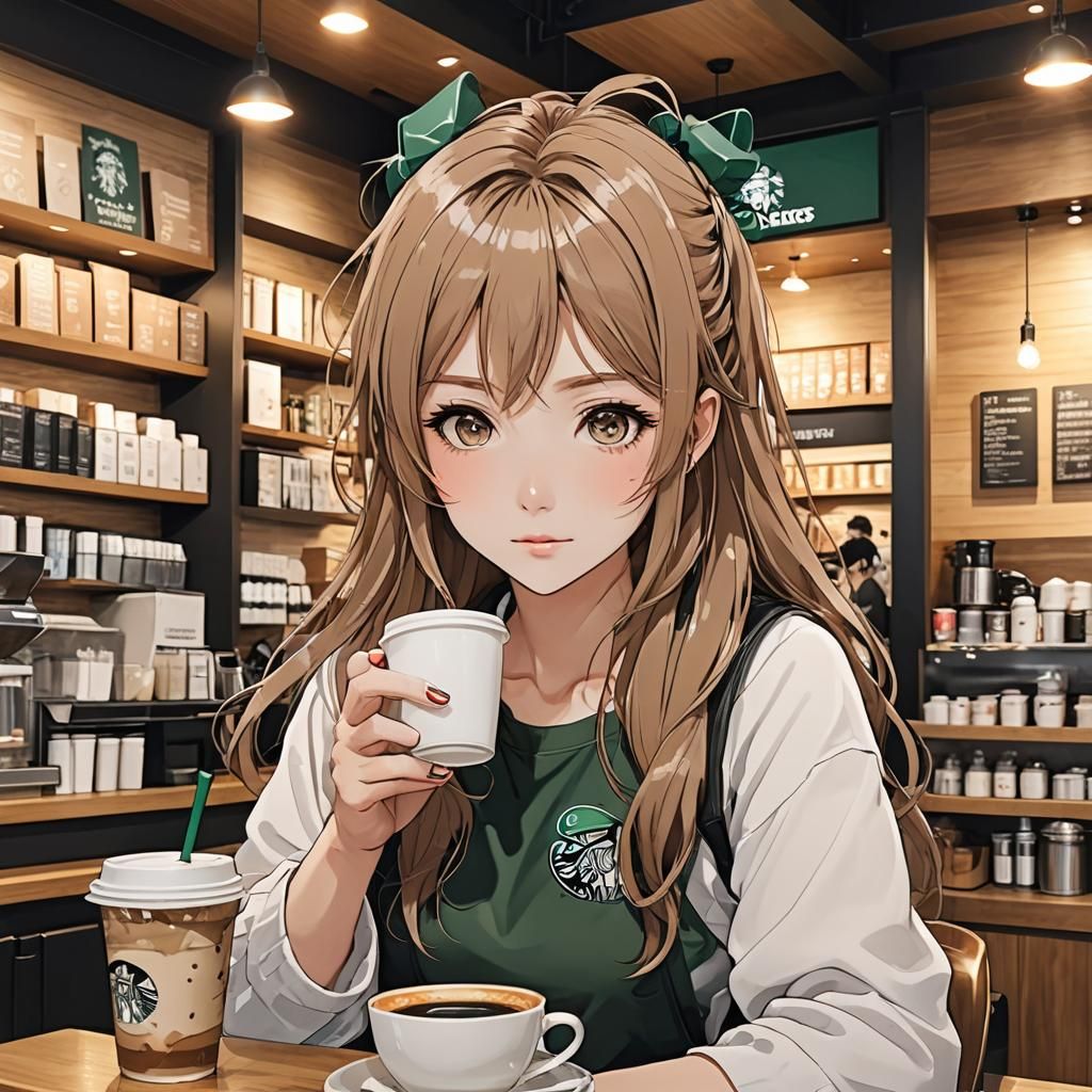 Anime Girl Drinking Coffee at Starbucks