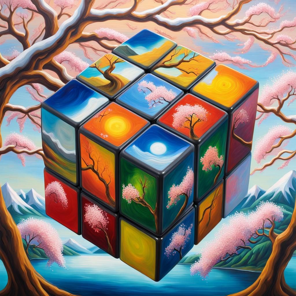 Surreal Rubik's Cube Displays Global Seasons as Oil Painting